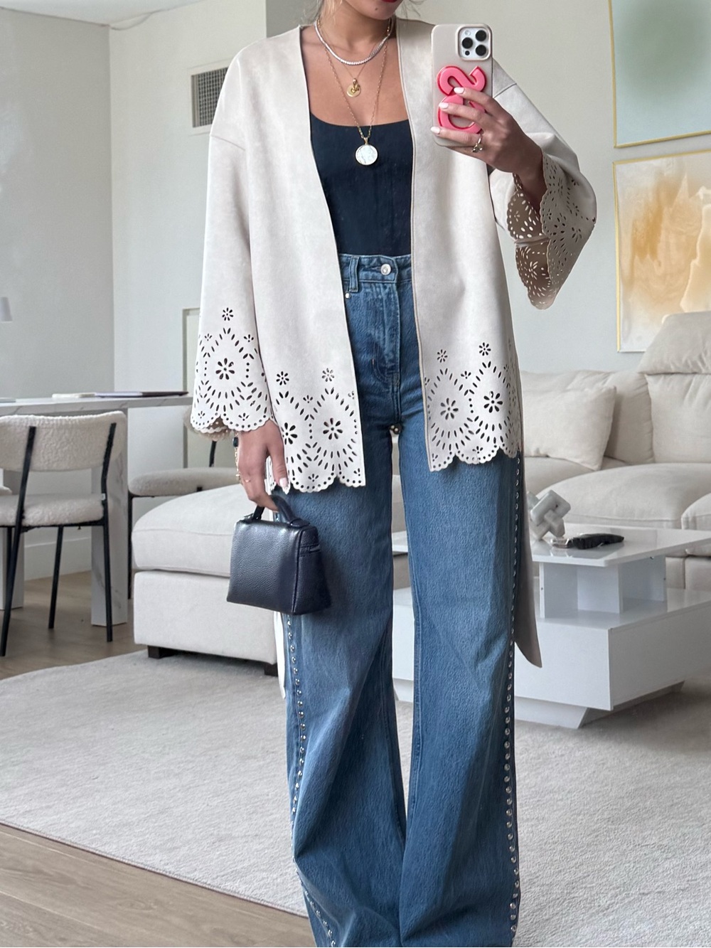 Zara Ivory Eyelet Hem Cardigan
